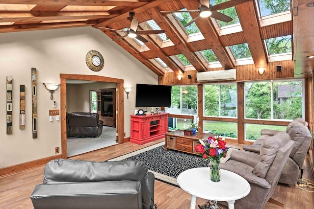 19423 Lakeside Ln, Bloomington, IL 61705 - living room with a wall mounted AC, a skylight, a ceiling fan, high vaulted ceiling, and beam ceiling