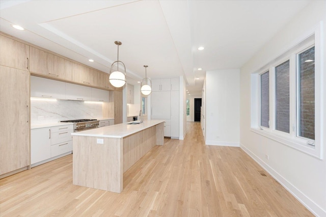 1542 W Highland Ave, Chicago, IL 60660 - kitchen with light brown cabinets, modern cabinets, a sink, light countertops, and light wood-type flooring