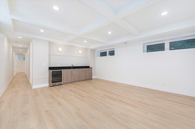 1542 W Highland Ave, Chicago, IL 60660 - indoor wet bar with wine cooler, light wood-style floors, beamed ceiling, recessed lighting, and baseboards
