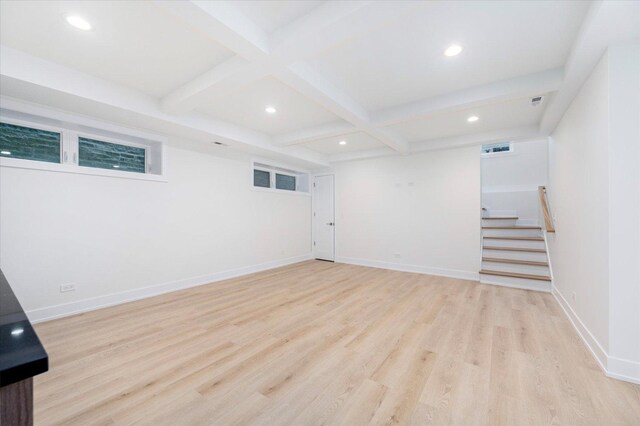 1542 W Highland Ave, Chicago, IL 60660 - unfurnished room featuring recessed lighting, wood finished floors, beamed ceiling, stairs, and baseboards