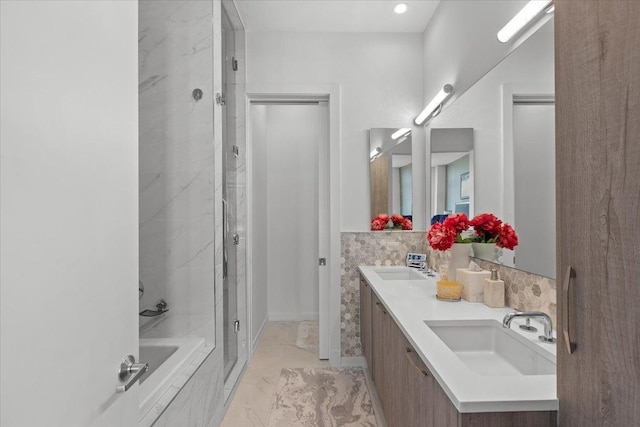2773 N Hampden Ct Unit Ph03, Chicago, IL 60614 - full bath with marble finish floors, a shower stall, double vanity, and tiled tub