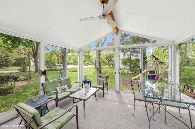 sunroom / solarium featuring ceiling fan and an outdoor hangout area
