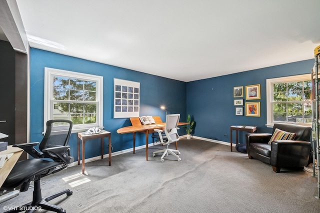office featuring healthy amount of natural light, baseboards, and carpet flooring