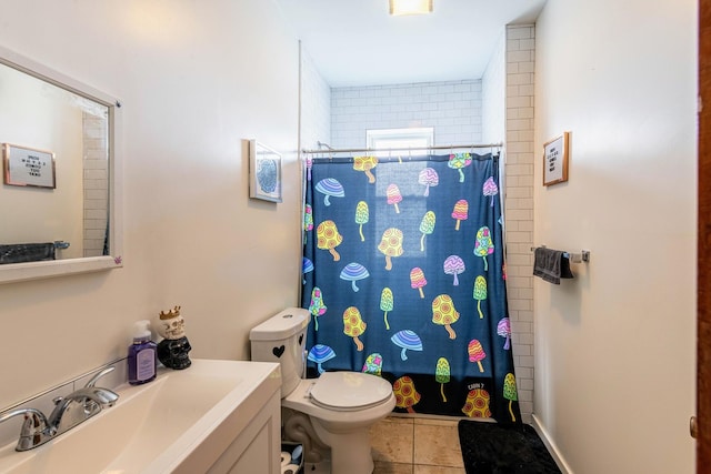 bathroom featuring tile patterned flooring, toilet, curtained shower, and vanity