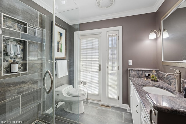 3300 Overland Pass, Northbrook, IL 60062 - full bath featuring toilet, vanity, a shower stall, baseboards, and crown molding
