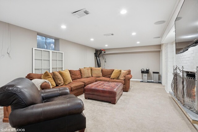 3300 Overland Pass, Northbrook, IL 60062 - living area featuring a large fireplace, recessed lighting, and light carpet