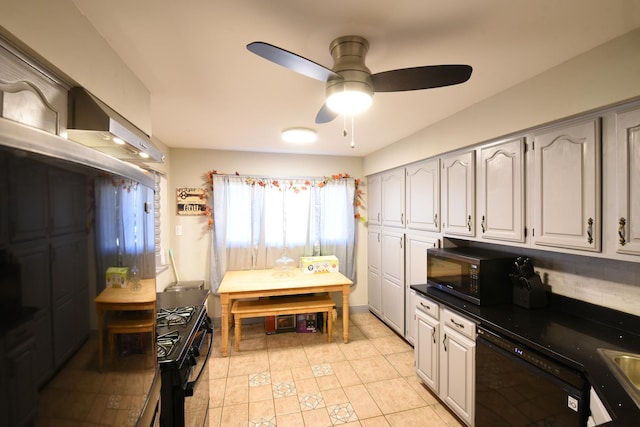 8848 Meade Ave, Oak Lawn, IL 60453 - kitchen featuring black appliances, ceiling fan, light tile patterned flooring, dark countertops, and wall chimney exhaust hood