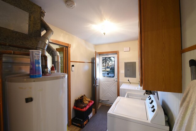 8848 Meade Ave, Oak Lawn, IL 60453 - washroom with water heater, washer and clothes dryer, electric panel, cabinet space, and carpet flooring