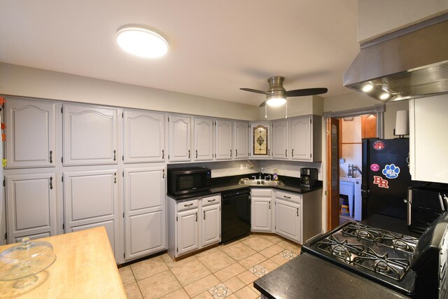 8848 Meade Ave, Oak Lawn, IL 60453 - kitchen with black appliances, a sink, extractor fan, light tile patterned floors, and dark countertops
