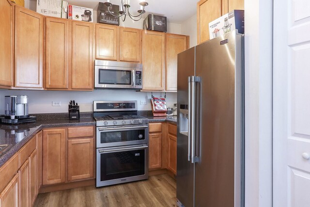 kitchen with stainless steel appliances, wood finished floors, and a chandelier