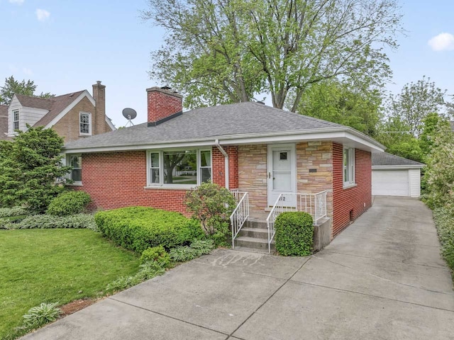 202 N Elmhurst Ave, Mount Prospect, IL 60056 - view of front of home featuring roof with shingles, an outdoor structure, a front lawn, a detached garage, and a chimney