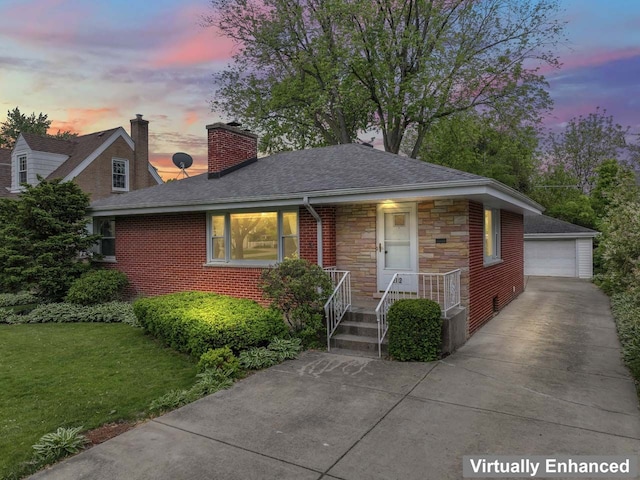 202 N Elmhurst Ave, Mount Prospect, IL 60056 - view of front of property with an outdoor structure, a chimney, a porch, roof with shingles, and a garage