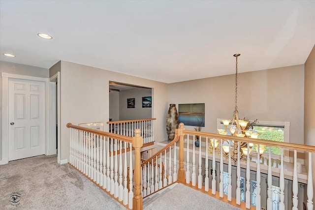 16313 Bob White Cir, Orland Park, IL 60467 - hallway featuring an upstairs landing, a chandelier, carpet flooring, recessed lighting, and baseboards