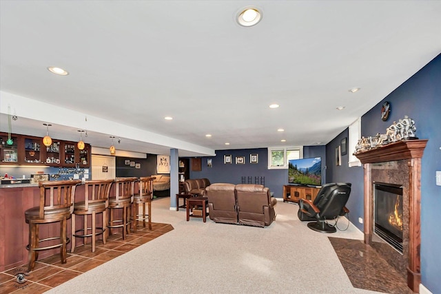 16313 Bob White Cir, Orland Park, IL 60467 - carpeted living room with bar with sink, recessed lighting, and a high end fireplace