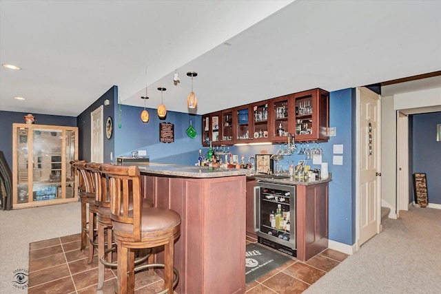 16313 Bob White Cir, Orland Park, IL 60467 - indoor wet bar with dark carpet, beverage cooler, pendant lighting, recessed lighting, and baseboards