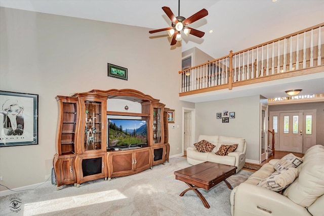 16313 Bob White Cir, Orland Park, IL 60467 - carpeted living room featuring high vaulted ceiling, a ceiling fan, and baseboards