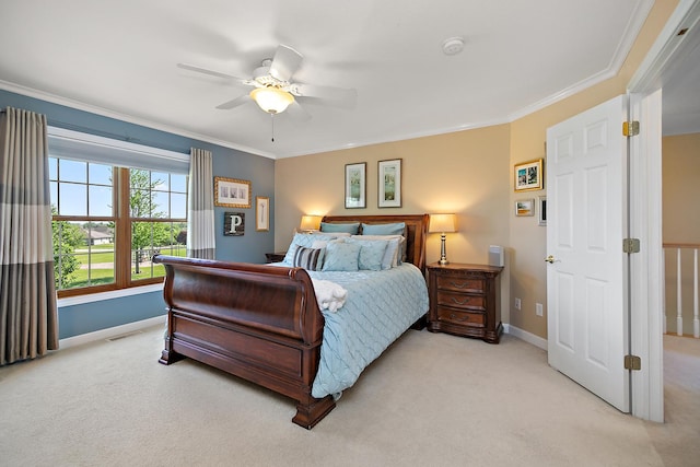 689 Revere St, Bourbonnais, IL 60914 - bedroom featuring light colored carpet, baseboards, crown molding, and ceiling fan