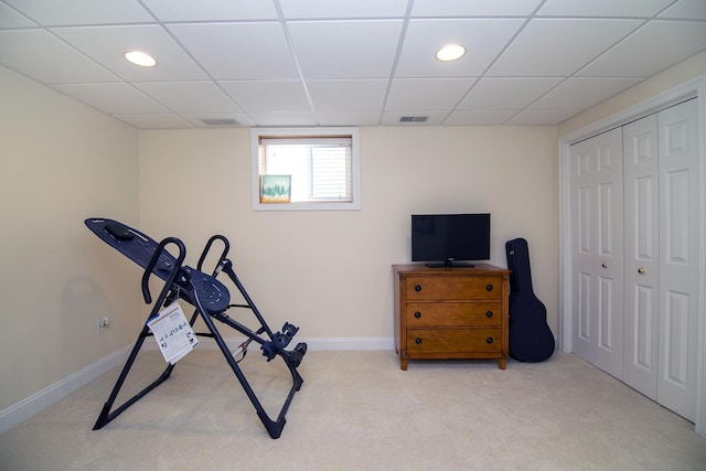 689 Revere St, Bourbonnais, IL 60914 - workout area featuring carpet flooring, baseboards, a paneled ceiling, and recessed lighting