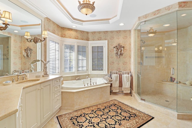 64 Ridge Rd, Barrington Hills, IL 60010 - full bath with wallpapered walls, a tray ceiling, a shower stall, a garden tub, and crown molding