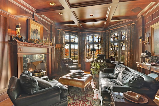 64 Ridge Rd, Barrington Hills, IL 60010 - sitting room featuring ornamental molding, coffered ceiling, a fireplace, and beamed ceiling