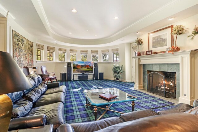 64 Ridge Rd, Barrington Hills, IL 60010 - carpeted living area with recessed lighting, a fireplace, a raised ceiling, and ornamental molding