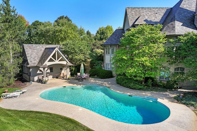 64 Ridge Rd, Barrington Hills, IL 60010 - outdoor pool featuring a patio area and an outbuilding