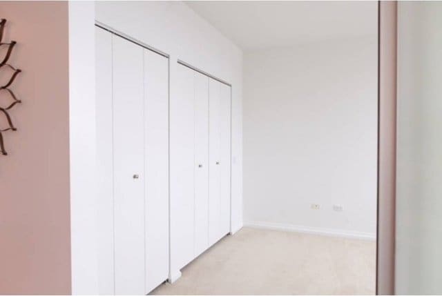 33 W Ontario St Unit 36G, Chicago, IL 60654 - unfurnished bedroom with light colored carpet, two closets, and baseboards