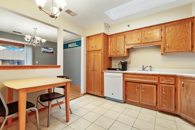 10248 SW Hwy Unit 3C, Chicago Ridge, IL 60415 - kitchen featuring white dishwasher, a chandelier, and brown cabinets