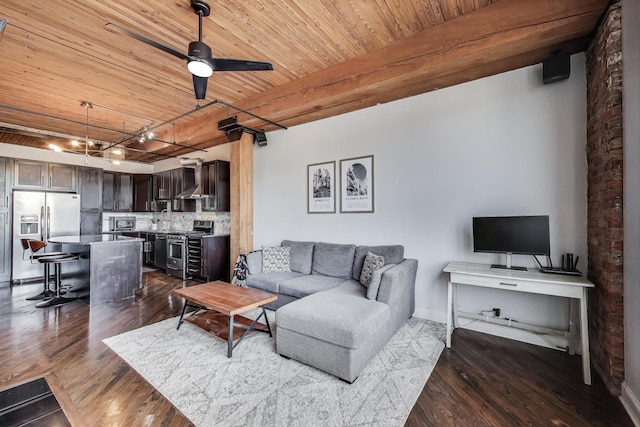 2654 W Medill Ave Unit 202, Chicago, IL 60647 - living area with wood ceiling, dark wood finished floors, track lighting, ceiling fan, and baseboards