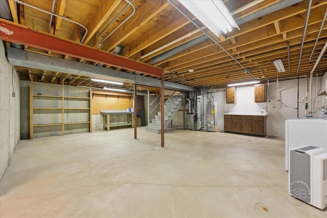 1508 Blackburn St, Wheaton, IL 60189 - unfinished basement with water heater, heating unit, washer / clothes dryer, and stairs