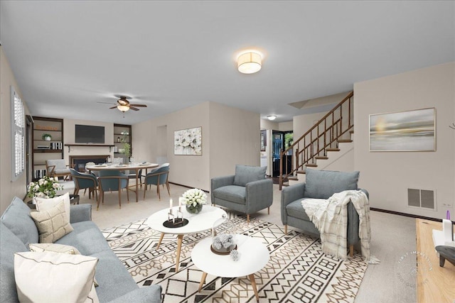 1508 Blackburn St, Wheaton, IL 60189 - living room featuring baseboards, ceiling fan, stairway, and light carpet