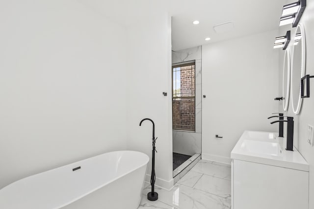 6610 S Saint Lawrence Ave, Chicago, IL 60637 - full bathroom featuring marble look tiles, baseboards, a soaking tub, a stall shower, and recessed lighting