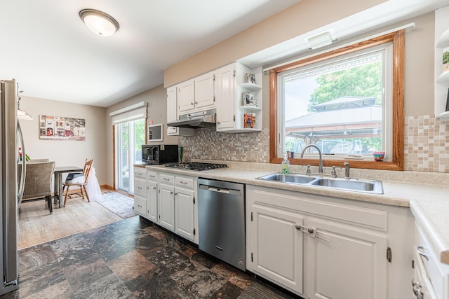 854 Meadow Ln, Sycamore, IL 60178 - kitchen with appliances with stainless steel finishes, a sink, under cabinet range hood, white cabinetry, and open shelves