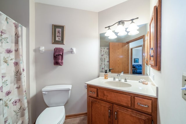 471 Linden Cir, Beecher, IL 60401 - bathroom featuring toilet, vanity, tile patterned floors, baseboards, and a chandelier