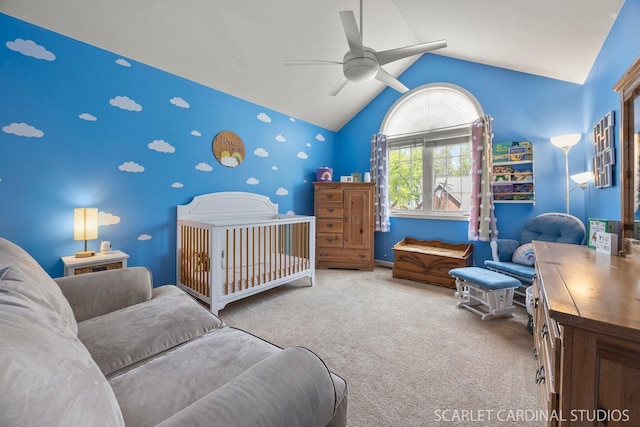1653 W Ethans Glen Dr, Palatine, IL 60067 - carpeted bedroom with lofted ceiling, wallpapered walls, and ceiling fan
