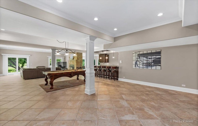 7N627 E Drive S, Elgin, IL 60177 - game room featuring ornate columns, baseboards, bar area, ornamental molding, and pool table