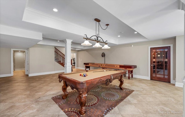 7N627 E Drive S, Elgin, IL 60177 - game room with a raised ceiling, billiards, ornamental molding, baseboards, and recessed lighting