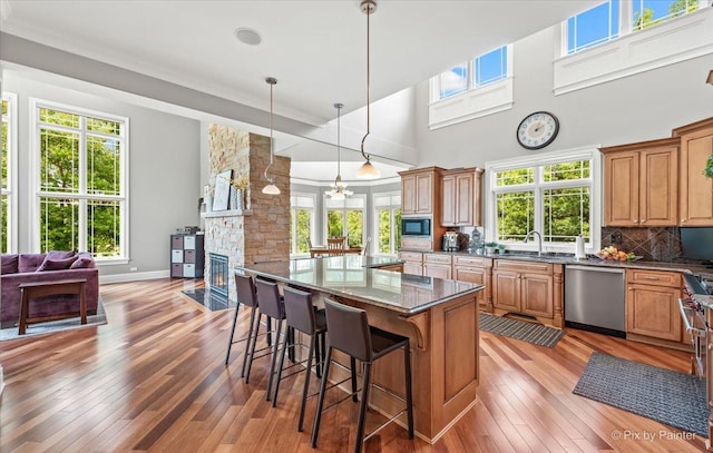 7N627 E Drive S, Elgin, IL 60177 - kitchen with stainless steel dishwasher, a sink, decorative backsplash, light wood-style floors, and built in microwave