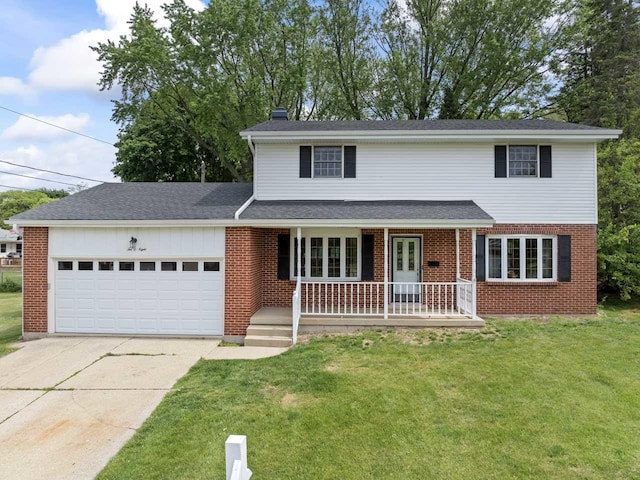 208 Ridge St, Algonquin, IL 60102 - traditional-style home featuring a garage, brick siding, driveway, covered porch, and a front yard