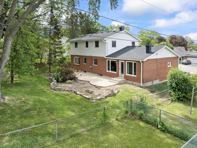 208 Ridge St, Algonquin, IL 60102 - back of property featuring brick siding, a patio, a chimney, entry steps, and a shingled roof
