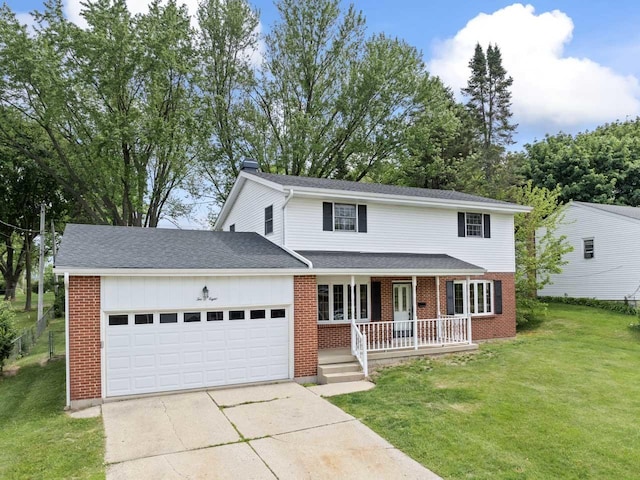 208 Ridge St, Algonquin, IL 60102 - traditional home with an attached garage, driveway, a porch, brick siding, and a front yard