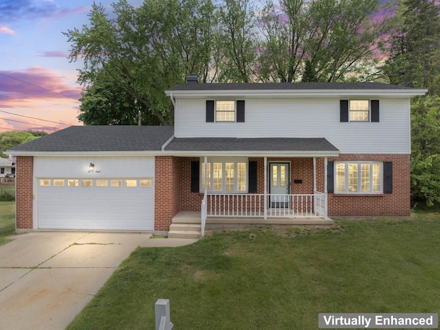 208 Ridge St, Algonquin, IL 60102 - traditional-style house with an attached garage, concrete driveway, a porch, brick siding, and a front yard