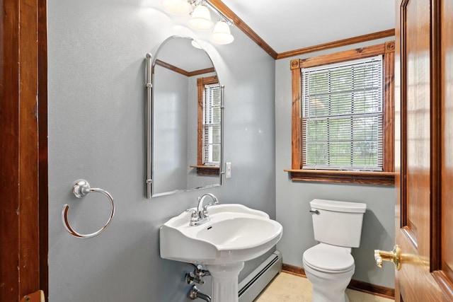 208 Ridge St, Algonquin, IL 60102 - bathroom featuring a baseboard radiator, toilet, ornamental molding, and baseboards
