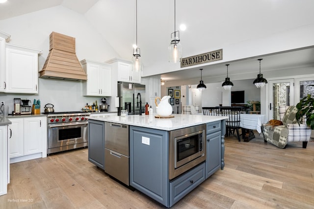 340 S Francis St, Braidwood, IL 60408 - kitchen featuring custom exhaust hood, stainless steel appliances, white cabinets, blue cabinetry, and light wood-type flooring