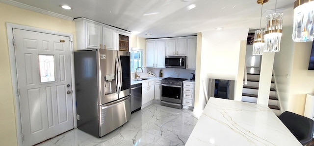 5644 Lyons St, Morton Grove, IL 60053 - kitchen with stainless steel appliances, a sink, recessed lighting, light stone countertops, and hanging light fixtures