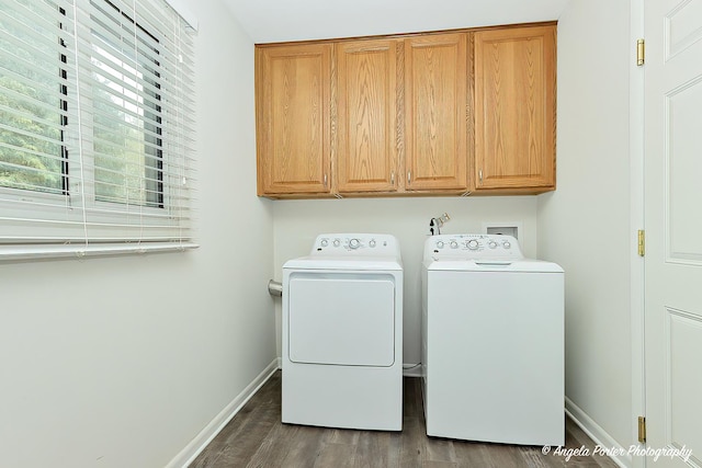 1708 Meadow Ln, Mchenry, IL 60050 - clothes washing area with cabinet space, washing machine and dryer, dark wood-style floors, and baseboards