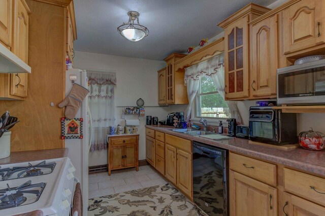 606 E Houghton St, Tuscola, IL 61953 - kitchen with dishwasher, a sink, stainless steel microwave, gas range oven, and light tile patterned floors