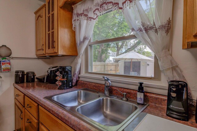 606 E Houghton St, Tuscola, IL 61953 - kitchen featuring a sink, healthy amount of natural light, dark countertops, and glass insert cabinets