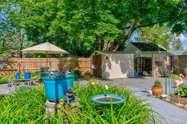 606 E Houghton St, Tuscola, IL 61953 - view of yard featuring a storage shed, an outdoor structure, fence, and a wooden deck