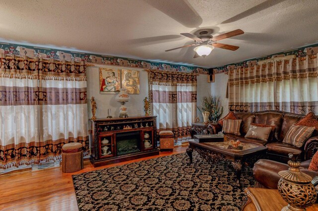 606 E Houghton St, Tuscola, IL 61953 - living room with ceiling fan, wood finished floors, a textured ceiling, and healthy amount of natural light